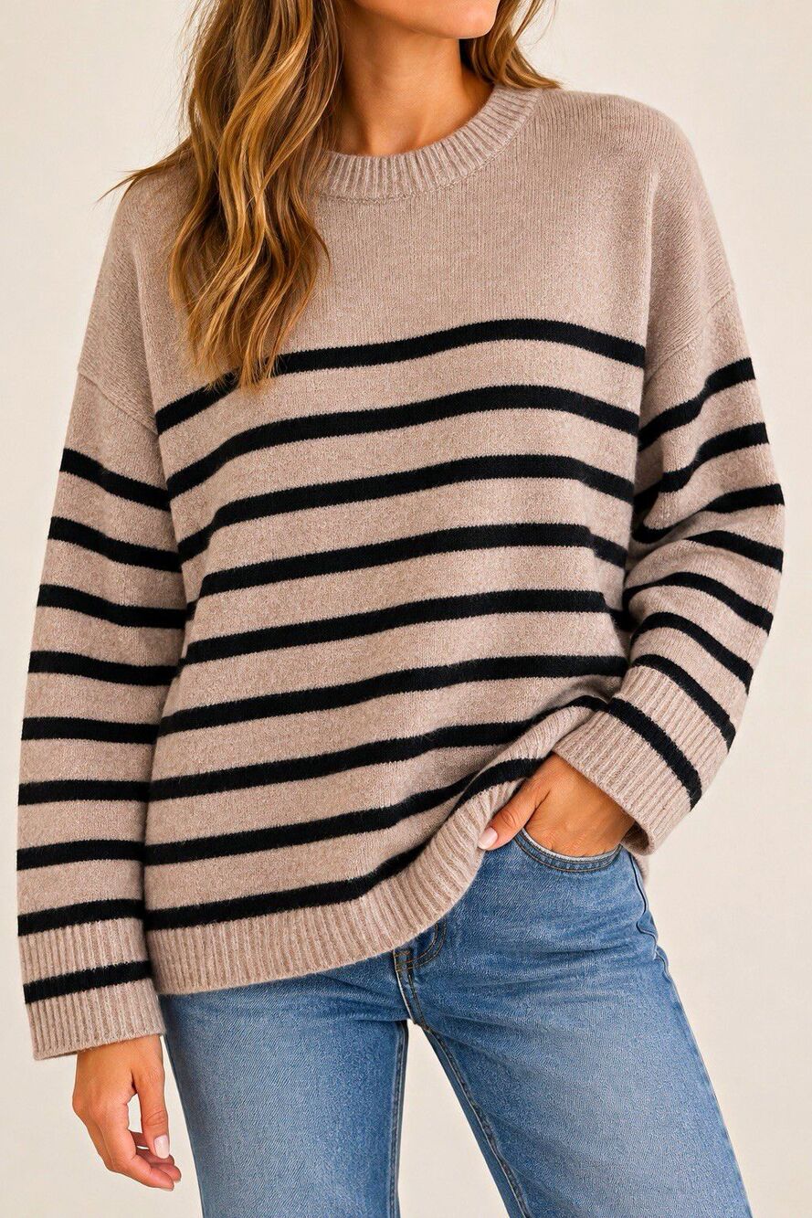 A New Day Striped Sweater Womens S Beige Black Oversized Relaxed Cozy Knit
